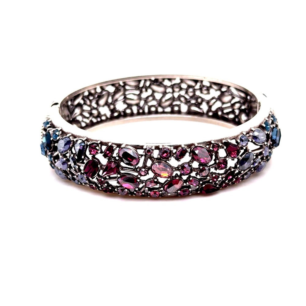 Brighton One Love Bangle Bracelet Silver Plated Multi Color Crystal Hinged Cuff